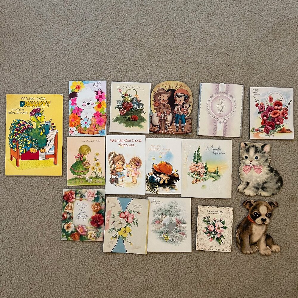 Lot of 16 Used Vintage Mid Century GreetingCards Get Well, Condolences, Birthday